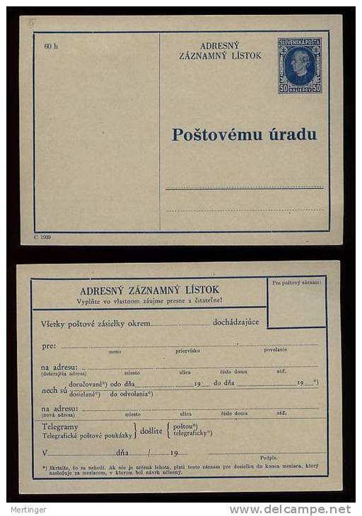 Slowakei Slovakia Adresskarte AÄK1 ** M€ 200,- Hlinka 1939 - Cartas & Documentos