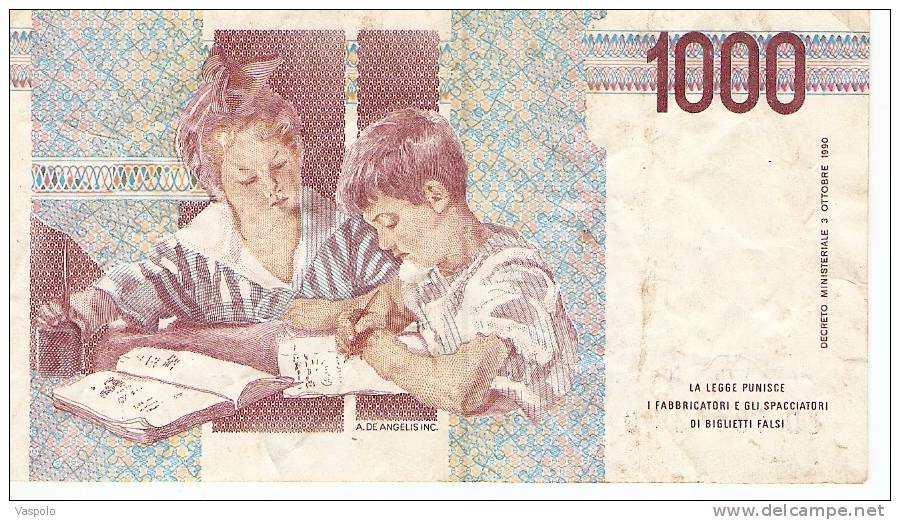 2 PIECES OF 1000 LIRE 1990 ITALY,BANKNOTE,BILL,PAPER MONEY. - 10000 Liras
