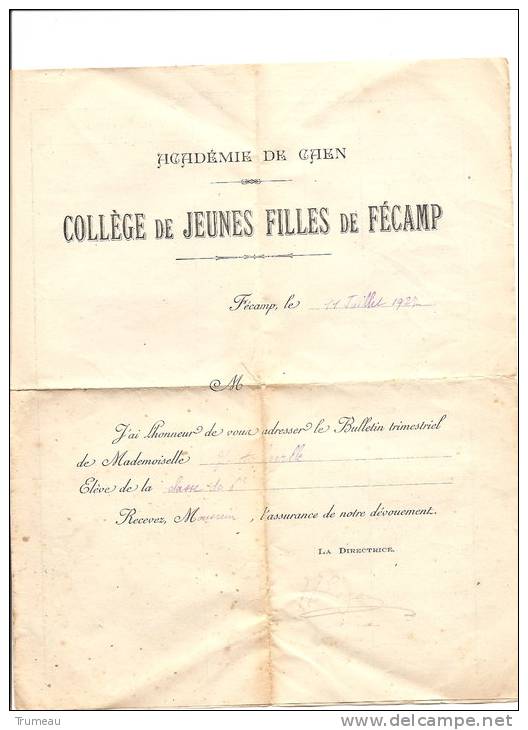 FECAMP-COLLEGE DE JEUNES FILLES-1927-BULLETIN TRIMESTRIEL - Diploma's En Schoolrapporten