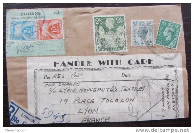 Front Of Packet - Superb Registered Piece From London To Lyon France With 4d+1/2d+2/6d With 10f+2f French Tax Stamps - Brieven En Documenten