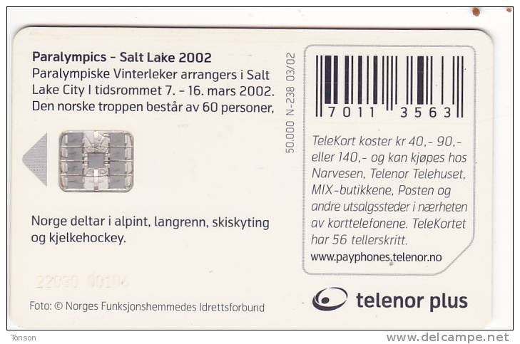 Norway, N238, Olympic Games, Salt Lake - Alpin, CN ; 22030 001D6,  2 Scans. - Norwegen