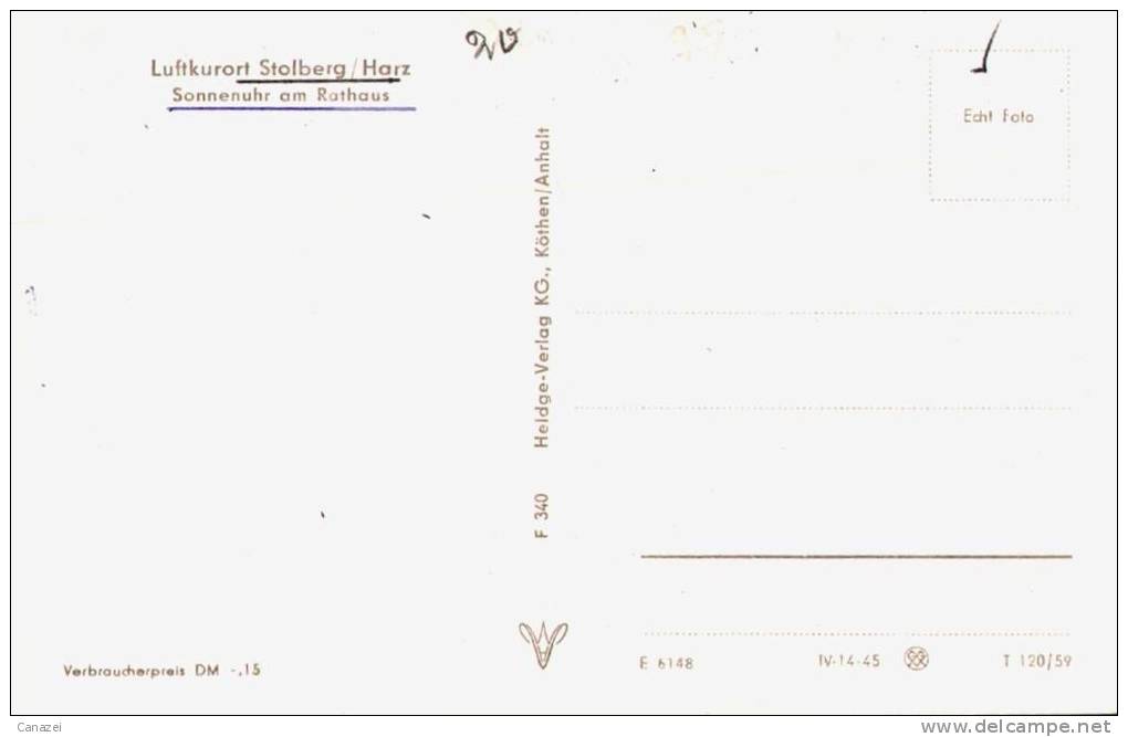 AK Stolberg, Sonnenuhr Am Rathaus, Ung, 1959 - Stolberg (Harz)