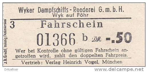 Wyk Auf Föhr, Wyker Dampfschiffs-Reederei, Fahrschein, Billett, Ticket, -,50 DM, 1964 - Europe