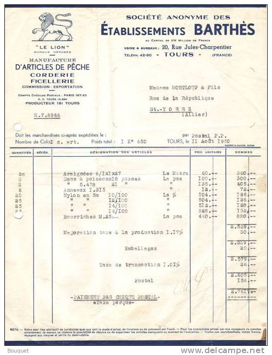 TOURS - MANUFACTURE D'ARTICLES DE PÊCHE - CORDERIE - FICELLERIE - LION - ETABLISSEMENTS BARTHES - 1950 - Sports & Tourisme