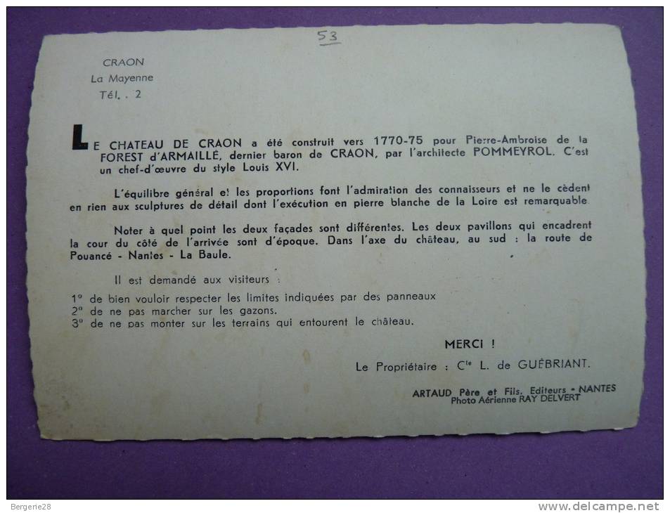 CPA 53 - CRAON - Vue Aérienne Du Château - Voir Dos : Message Du Propriétaire - - Craon