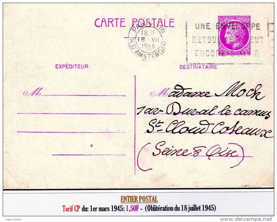 CERES DE MAZELIN - Entier Postal 1,50F Lilas  (Tarif Du 1er Mars 1945) - 1945-47 Cérès De Mazelin