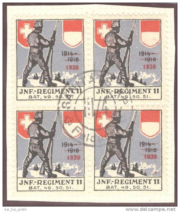 Schweiz Soldatenmarken Infanterie "Jnf.Regiment 11" Aufdruck 1939 4-er-Block Gestempelt - Labels