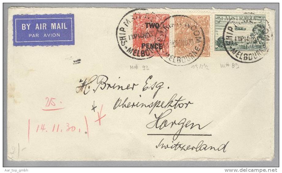 Australien 1930-11-14 Melburne Air Mail Brief Nach Horgen - Lettres & Documents