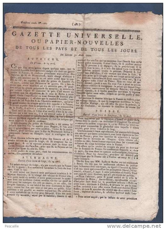 GAZETTE UNIVERSELLE OU PAPIER NOUVELLES 30 04 1792 - LIEGE - LAUSANNE BERNE - METZ - BELGES - LA FAYETTE ROBESPIERRE - Journaux Anciens - Avant 1800
