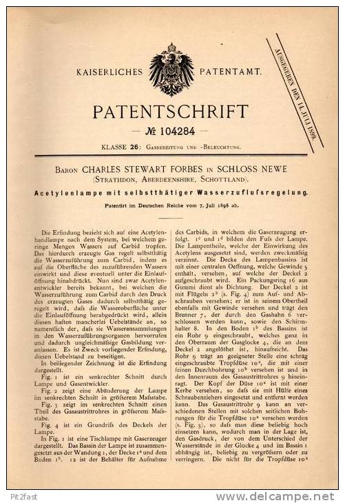 Original Patentschrift - Baron Ch. Forbes In Schloss Newe , Strathdon , Scotland , 1898 , Acetylenlampe , Lampe , Adel - Aberdeenshire