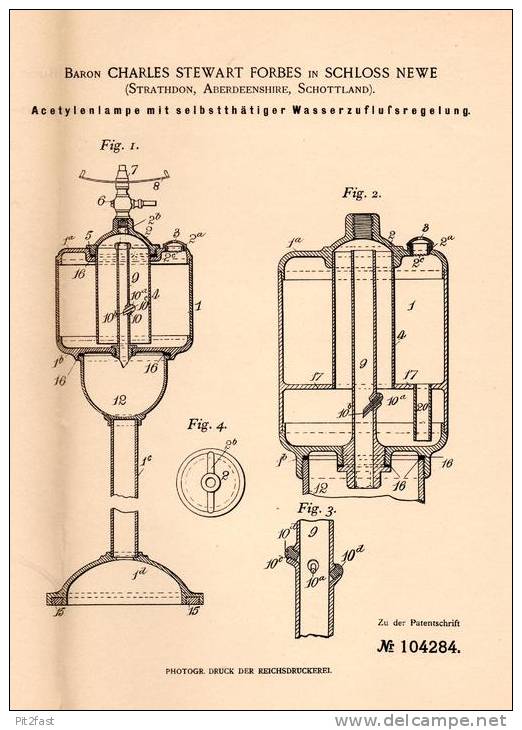 Original Patentschrift - Baron Ch. Forbes In Schloss Newe , Strathdon , Scotland , 1898 , Acetylenlampe , Lampe , Adel - Aberdeenshire
