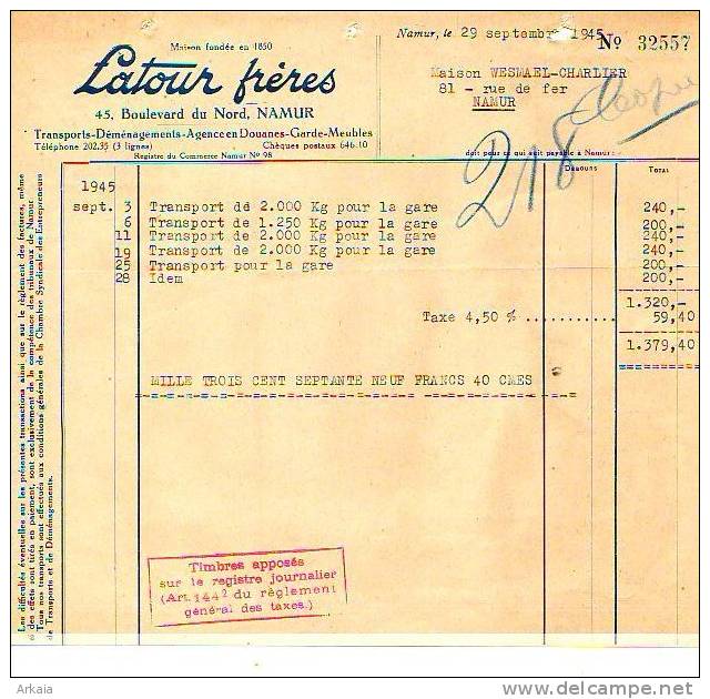 Namur - 1945 - Latour Frères - Transports-déménagements- Agences En Douanes-garde- - Transport