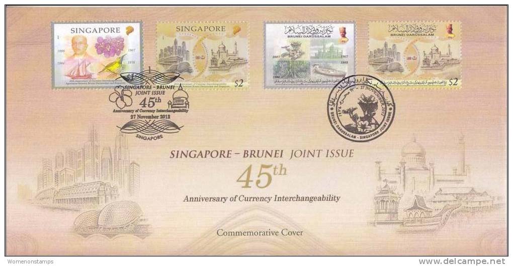 Singapore-Brunei Combination Cover Postmark, Mosque, Religion Islam Orchid Flower, Bird, Boat, With Information Sheet - Brunei (1984-...)