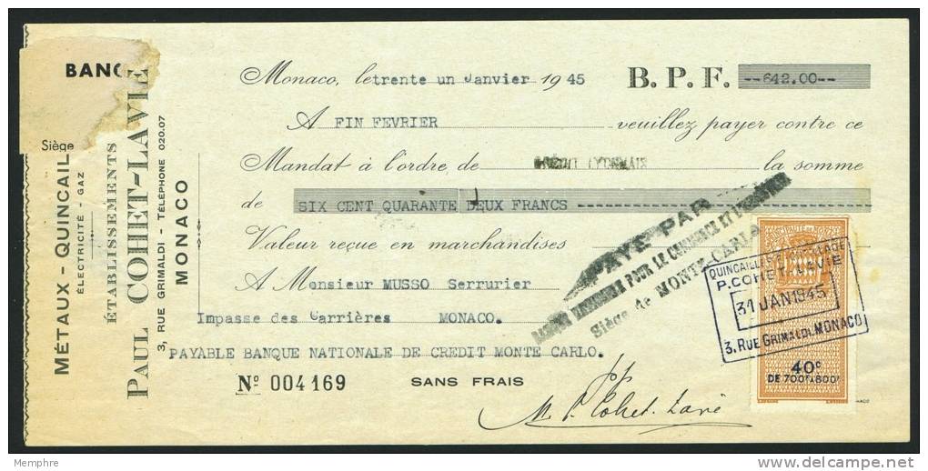 1945  Mandat Timbre Fiscal 40c - Fiscale Zegels