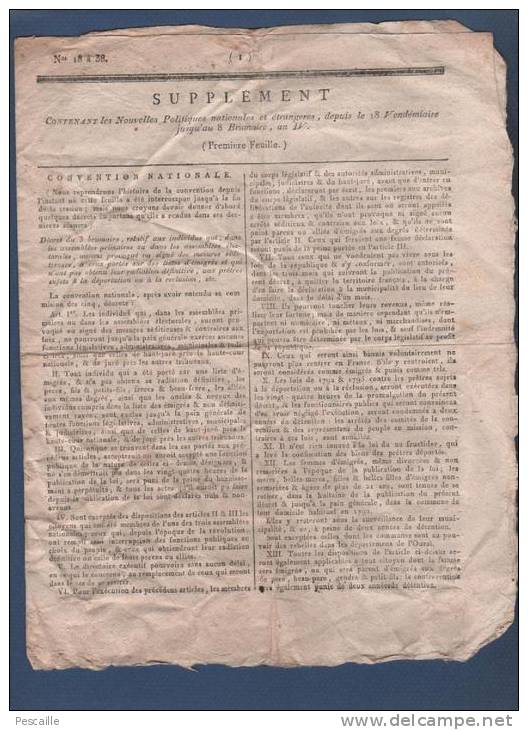 SUPPLEMENT NOUVELLES POLITIQUES ... 18 VENDEMIAIRE 8 BRUMAIRE AN IV - EMIGRES PRETRES ... - COSTUMES FONCTIONNAIRES - Journaux Anciens - Avant 1800