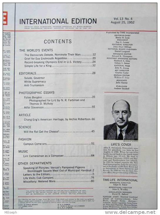 Magazine LIFE - AUGUST 25 , 1952 -  INTERNATIONAL EDITION     (3003) - News/ Current Affairs