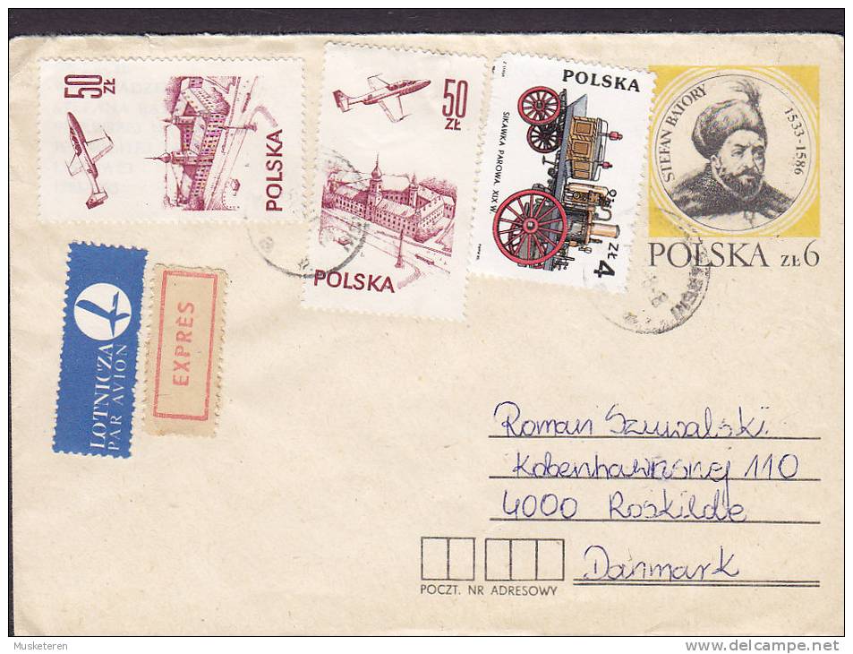 Poland Airmail Par Avion & EXPRESS Labels Uprated Postal Stationery Ganzsache 1986 Cover Stefan Batory ROSKILDE Denmark - Airplanes