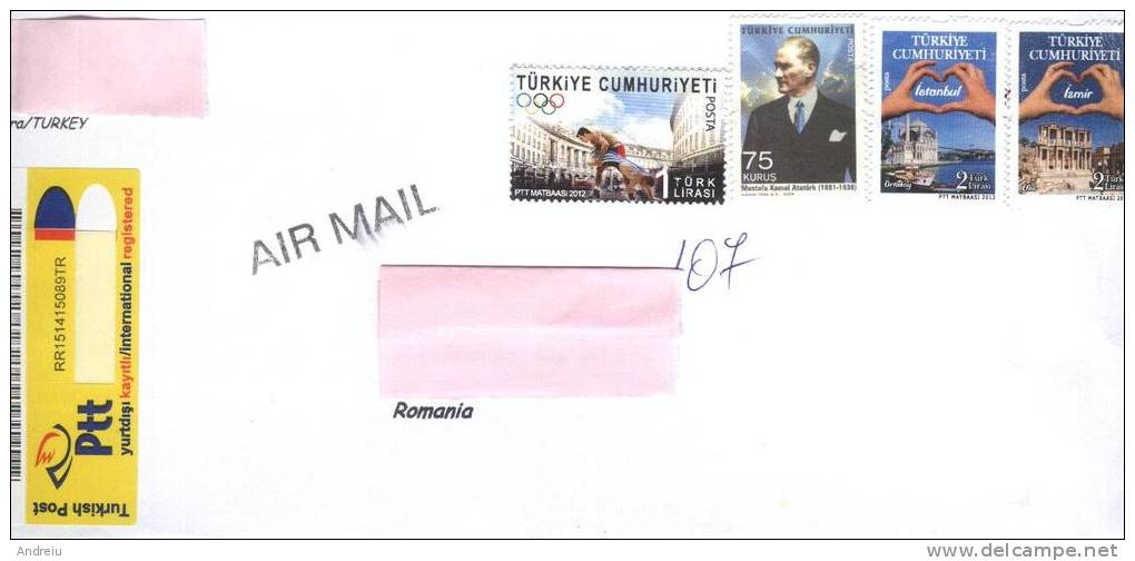 2013 Turkey Turkiye  Nice Registered Cover Sent To Romania Par Avion Used Oblitere - Ganzsachen