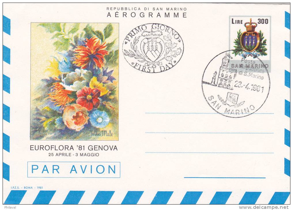 SAN MARINO : Euroflora 81 Genova - Aérogramme Obl.23.4.1981 - Lettres & Documents