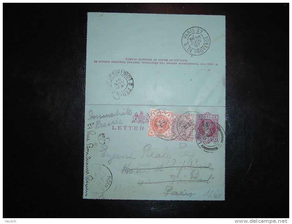 CL ENTIER 1P + TP 1P + 11/2P POUR LA FRANCE OBL. JU 25  97 LONDON . N 2 - Covers & Documents