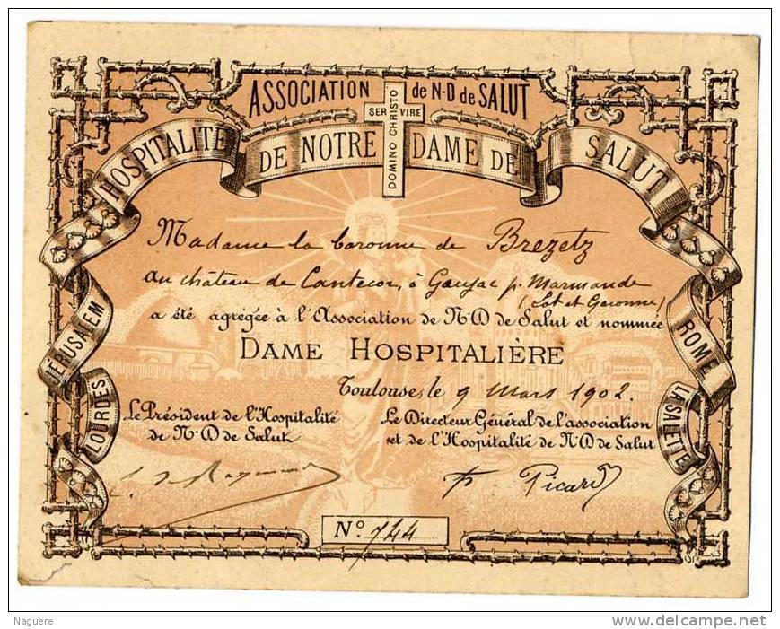 ASSOCIATION DE N D DE SALUT  -  DAME HOSPITALIERE  TOULOUSE 1902  EXTRAITS DES STATUTS - Red Cross