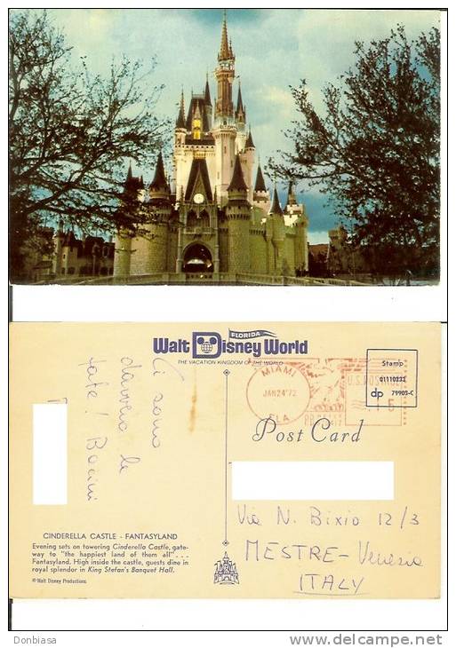 Disney World (Florida): Cinderella Castle - Fantasyland. Cartolina Postale Formato Piccolo Viag. 1972 (Miami Cenerentola - Disneyworld