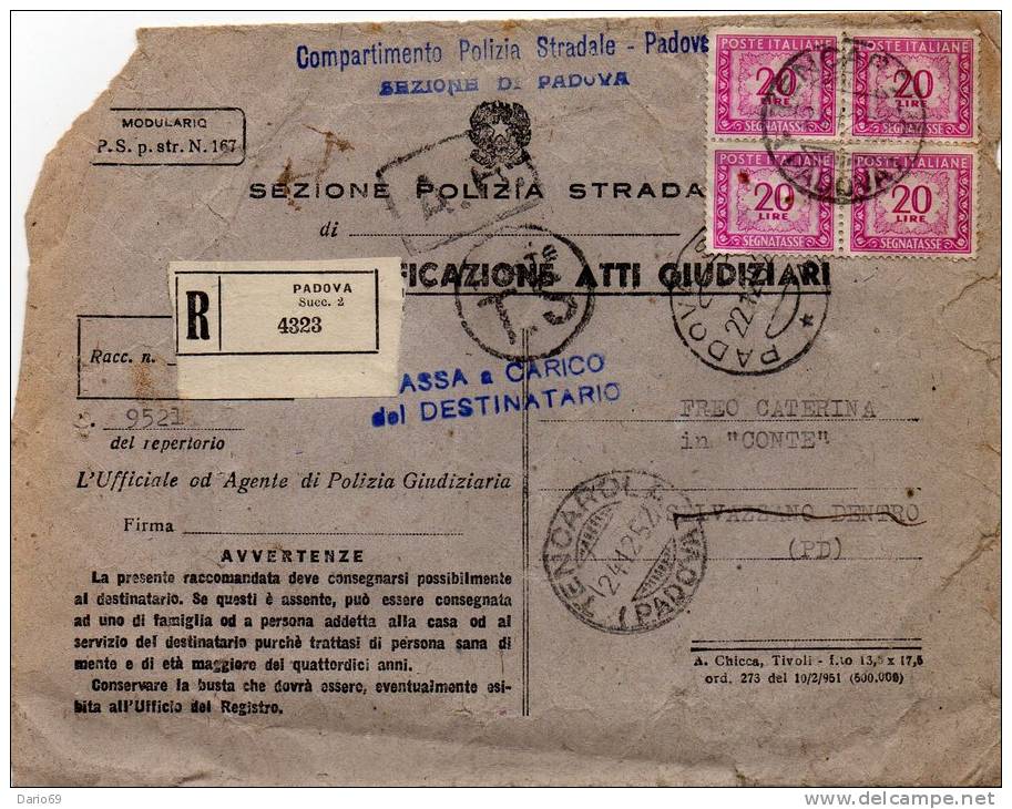 1952 LETTERA RACCOMANDATA CON ANNULLO PADOVA - Postage Due