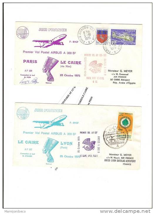 A 300 Deux Plis Ouverture De Ligne Paris Le Caire 1 Pli Signé Du CDB Lucien PION Rare - Premiers Vols