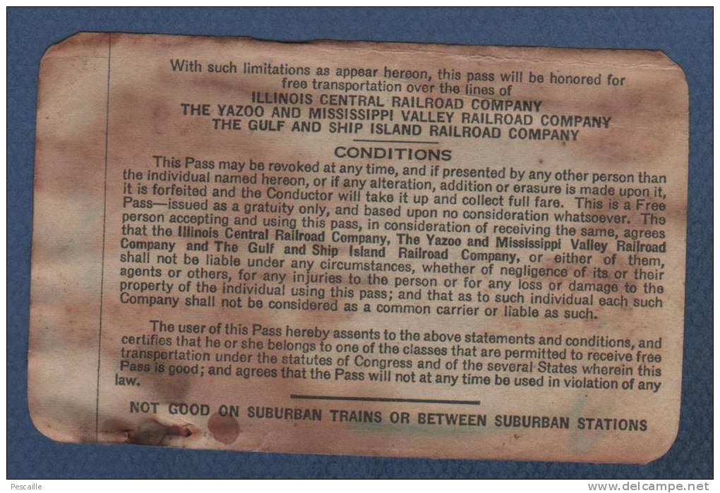 ILLINOIS CENTRAL SYSTEM - TWO YEARS PASS 1939 1940 - ILLINOIS CENTRAL RAILROAD COMPANY / YAZOO AND MISSISSIPI VALLEY ... - Wereld