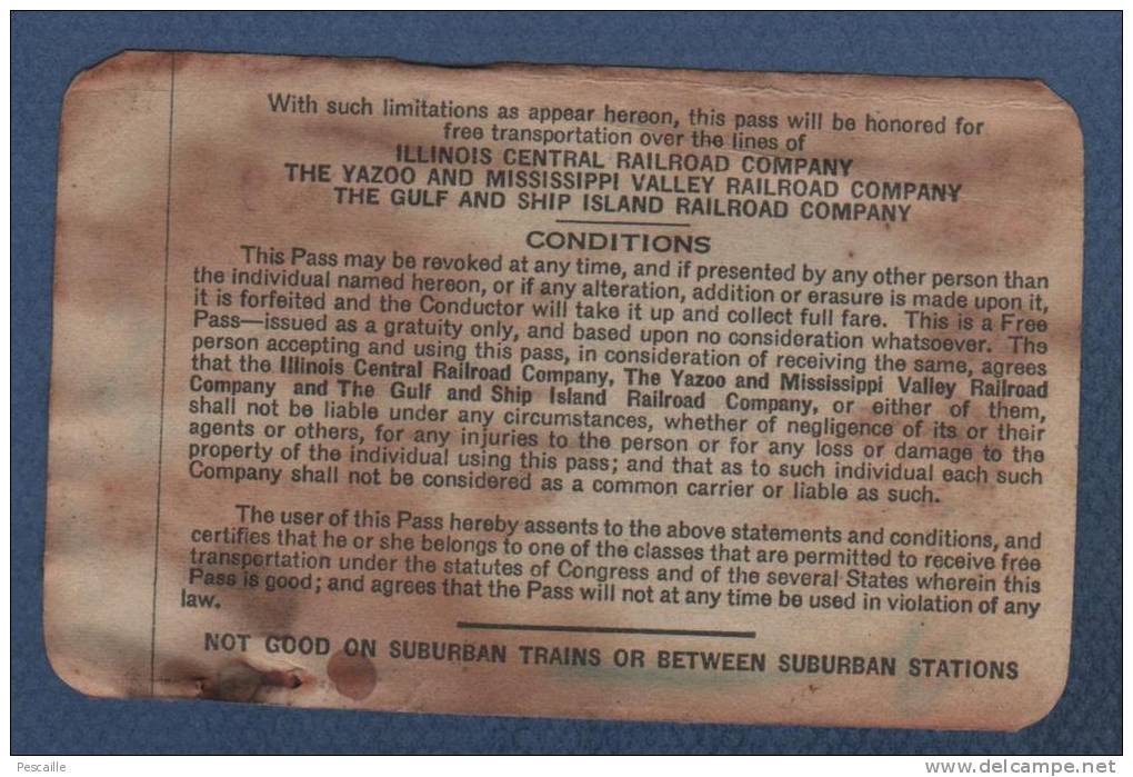 ILLINOIS CENTRAL SYSTEM - TWO YEARS PASS 1939 1940 - ILLINOIS CENTRAL RAILROAD COMPANY / YAZOO AND MISSISSIPI VALLEY ... - Welt