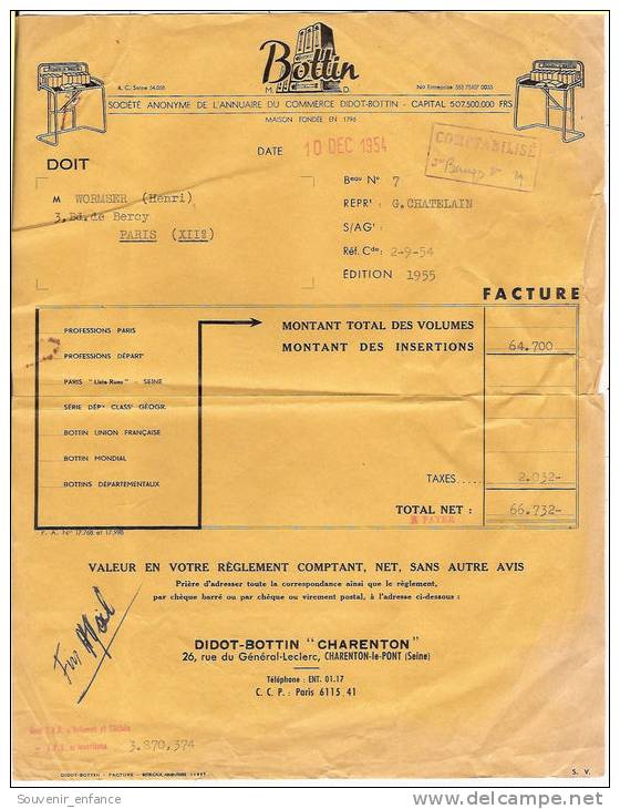 Facture Annuaire Du Commerce Didot Bottin 1 Rue Sébastien Bottin Paris 75 Chatelain Charenton Le Pont 94 Val De Marne - Printing & Stationeries