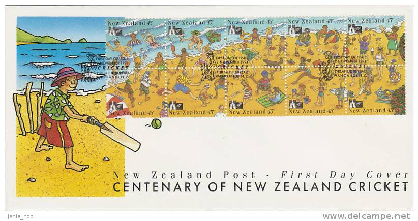 New Zealand 1994 Centenary Of New Zealand Cricket Booklet Pane FDC - FDC