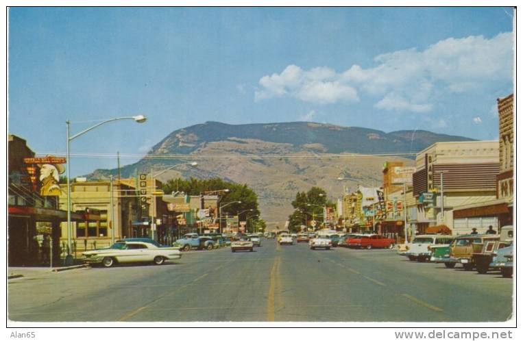 Cody WY Wyoming, Street Scene, Autos, Drugs Sign, Bar Cafe Buffalo Bill Cody Sign, C1950s/60s Vintage Postcard - Cody