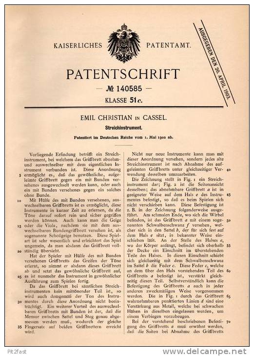 Original Patentschrift - E. Christian In Cassel , 1902 , Streichinstrument , Geige , Violine , Cello !!! - Musikinstrumente