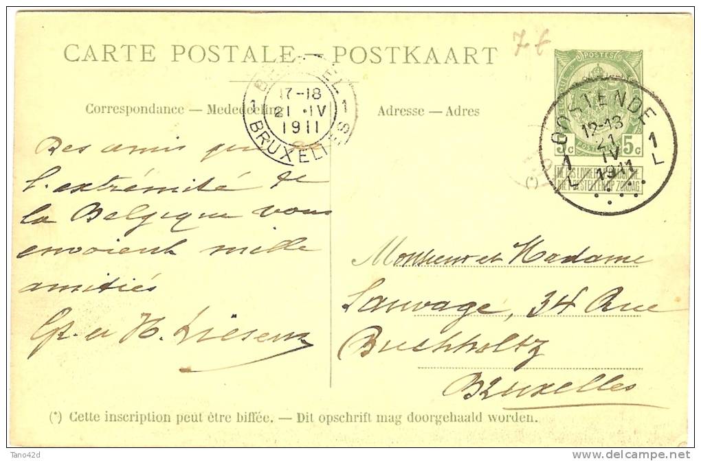 LPU5 - BELGIQUE EP CP PAQUEBOT PIETER DECONINCK VOYAGEE AVRIL 1911 - Liner Cards