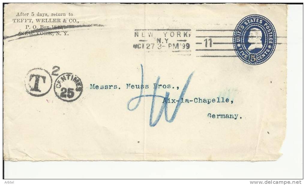 USA FRONTAL DE ENTERO POSTAL TASADO DE NEW YPORK A AIX LE CHAPELLE 1899 - ...-1900