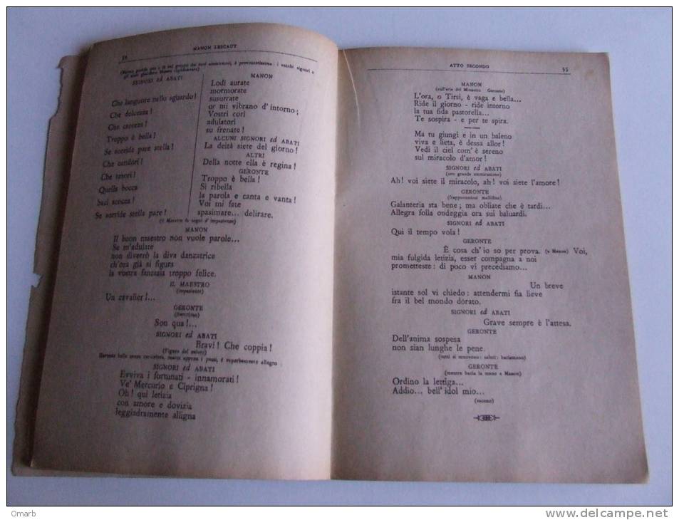 Lib139 Libretto Dramma Lirico - Manon Lescaut, Musica Puccini, Edizione Ricordi, 1933, Theatre, Teatre - Teatro
