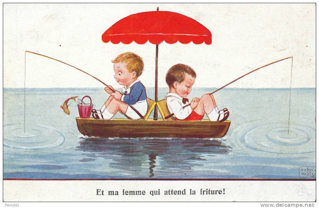 ENFANTS - Jolie Carte Fantaisie Enfants Pêchant Sur Une Barque Signée JOHN WILLS - Wills, John