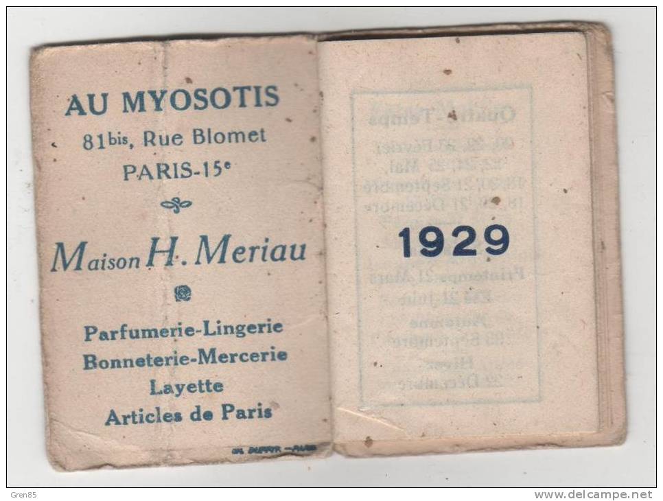 PETIT CALENDRIER DE POCHE 1929, PORTRAIT DE FEMME SUR LA COUVERTURE, PUB MAGASIN AU MYOSOTIS PARIS 15e, COMPLET - Klein Formaat: 1921-40