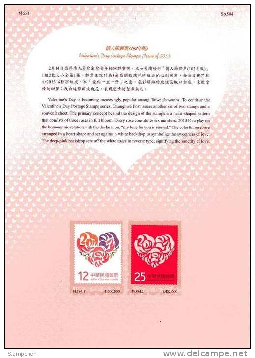 Folder Taiwan 2013 Valentine Day Stamps Love Heart Rose Flower Number Code - Neufs