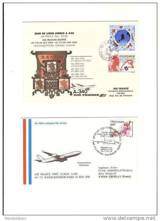 A 340 AIR FRANCE 1° Mise En Ligne Sur HANOI Aller Et Retour 31/10/94 - First Flight Covers