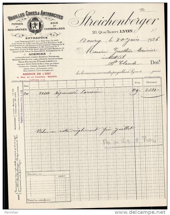 STREICHENBERGER , Houilles , Cokes Et Anthracites A Lyon / Facture Datee 1926 / DPT 69 - 1900 – 1949