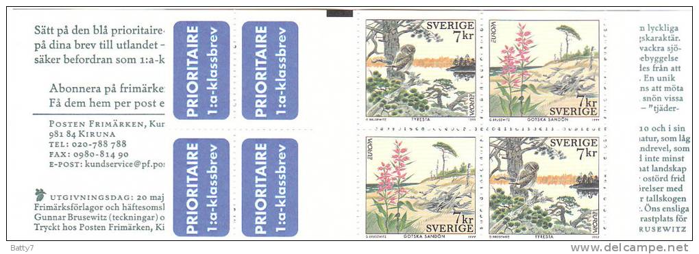 EUROPA SVEZIA SVERIGE 1999 FAUNA FLORA - LIBRETTO CARNET INTEGRO - Neufs