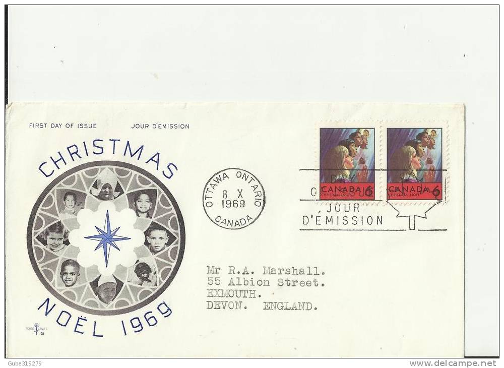 CANADA 1969 - FDC CHRISTMAS 1969 (DES 1)- ADDR TO EXMOUTH U.KINGDOM W 2 STS OF 6 C POSTM OTTAWA ONT OCT 8 RE1978 - 1961-1970