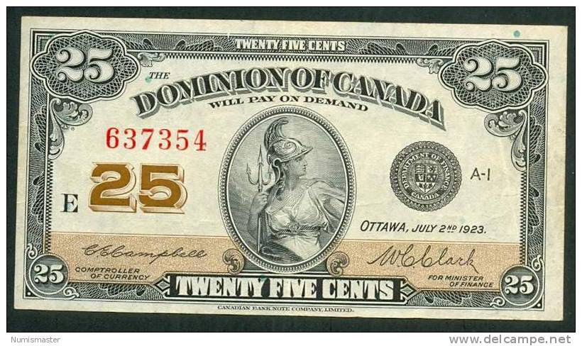 CANADA , 25 CENTS 2.7.1923 , CAMPBELL - CLARK , AUNC - Canada