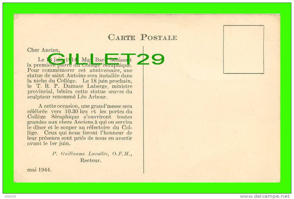 ST-HYACINTHE, QUÉBEC - LES FRANCISCAINS - INVITATION DU RECTEUR, MAI 1944 - - St. Hyacinthe