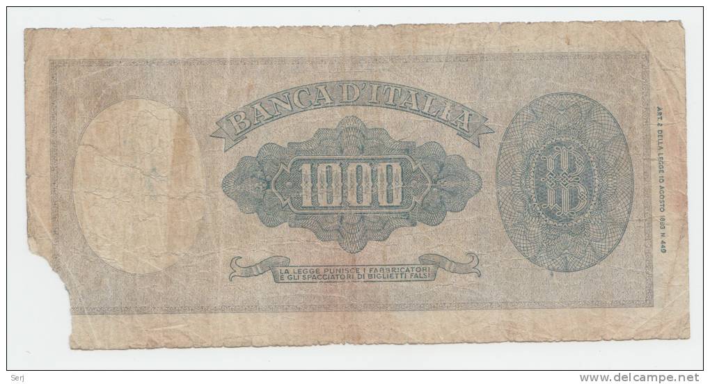 Italy 1000 Lire 10-2- 1948 G-VG RARE Banknote P 88a - 1000 Lire