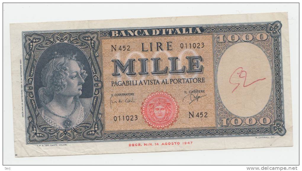 Italy 1000 Lire 1947 (1961) VF+ P 88d 88 D - 1.000 Lire