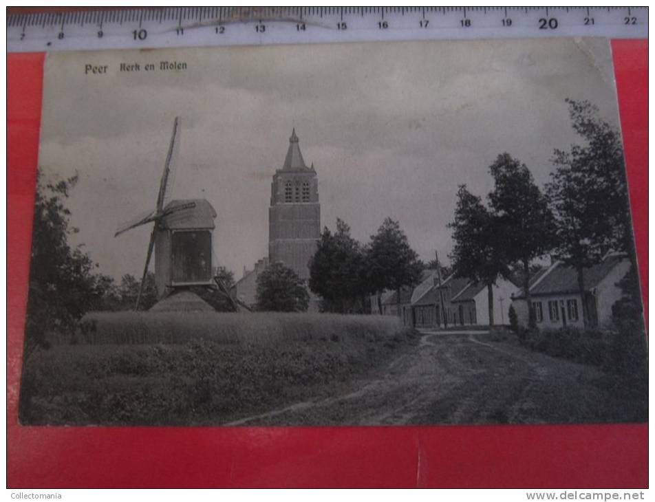 4 Postk.  PEER   : KERK EN MOLEN,     STADHUIS En KERKSTR.,       STADHUIS,         TOREN - Peer