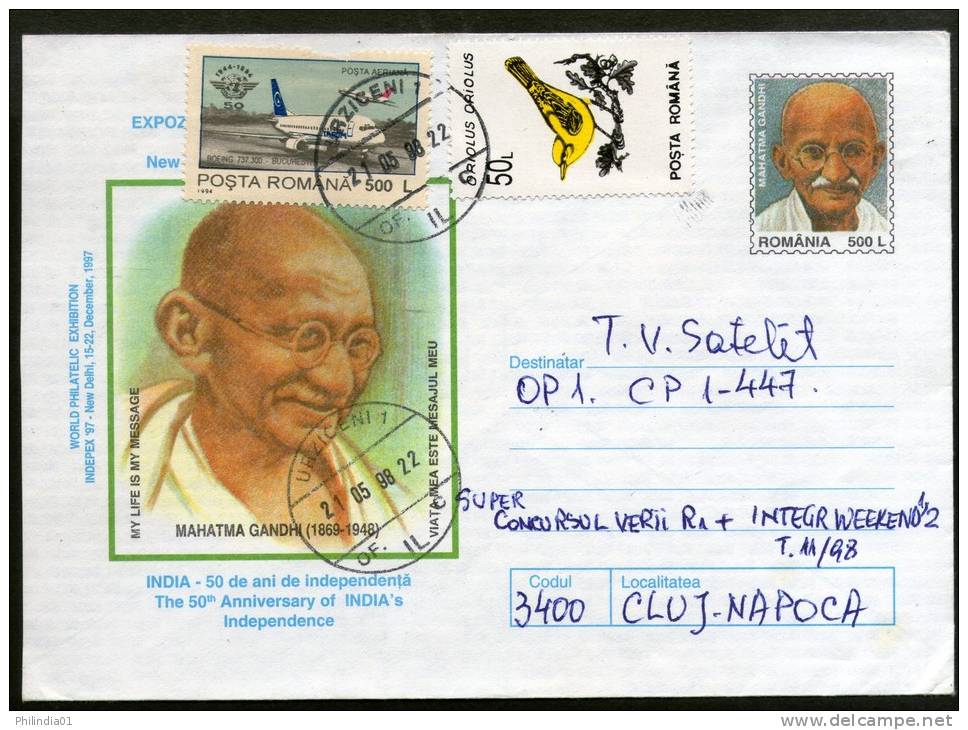 Romania 1997's Mahatma Gandhi Of India Postal Stationary Envelope Commercial Used # 1376 - Mahatma Gandhi